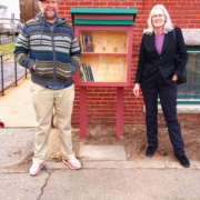 Pictured, John Mozley of MPA and Pease Library Director Rebecca Whitney