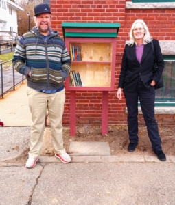 Pictured, John Mozley of MPA and Pease Library Director Rebecca Whitney